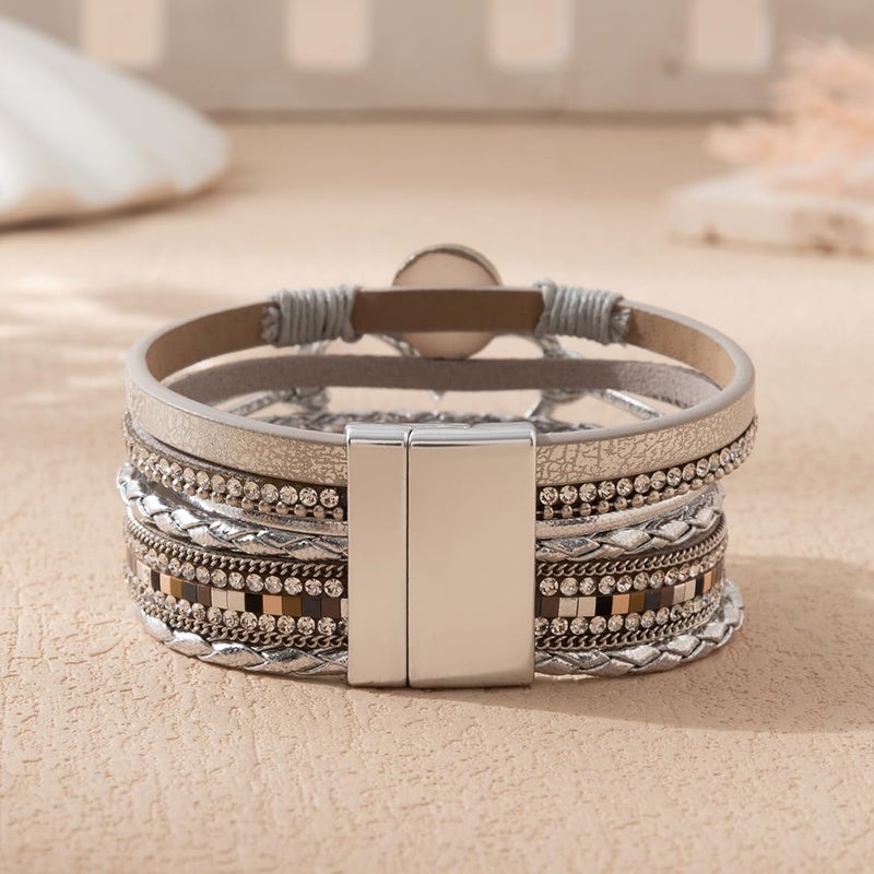 Rantanto Braid Leather Wrap Bracelet Trendy Stackable Crystal Cuff Boho Gold Heart Bracelet Jewelry Gift For Women - Image 5